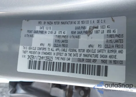 2017 Mazda Mazda3 Touring z USA, uszkodzony, nr VIN 3MZBN1V72HM105523